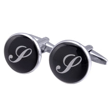 Load image into Gallery viewer, French Cufflinks black round Enamel Traditional letter Cufflinks