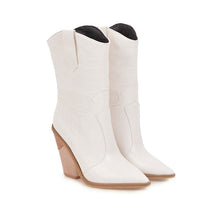 Load image into Gallery viewer, Pointed Thick Heel White Boots Women's Western Cowboy Boots