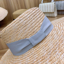 Load image into Gallery viewer, Axin Hat Ornaments Gray Tie Knot Flat Top Thin Straw Wide Brim Top Hat Flat Top Hat Straw Hat