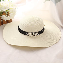 Load image into Gallery viewer, New Style Hat Ladies Leisure Big Brim Hat Beach Sunscreen Foldable Straw Hat Pearl Rivet Flat Brim Hat Wholesale