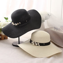 Load image into Gallery viewer, New Style Hat Ladies Leisure Big Brim Hat Beach Sunscreen Foldable Straw Hat Pearl Rivet Flat Brim Hat Wholesale