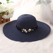 Load image into Gallery viewer, New Style Hat Ladies Leisure Big Brim Hat Beach Sunscreen Foldable Straw Hat Pearl Rivet Flat Brim Hat Wholesale