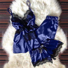 Load image into Gallery viewer, V Neck Eyelash Lace Bowknot Pajamas Three-piece Set