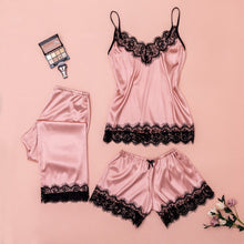 Load image into Gallery viewer, V Neck Eyelash Lace Bowknot Pajamas Three-piece Set