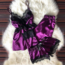 Load image into Gallery viewer, V Neck Eyelash Lace Bowknot Pajamas Three-piece Set