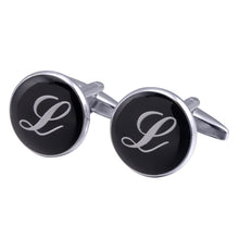 Load image into Gallery viewer, French Cufflinks black round Enamel Traditional letter Cufflinks