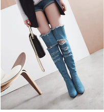 Load image into Gallery viewer, Fine-heeled high-heeled boots, hollow women's boots, large size 40-48 yards, denim boots