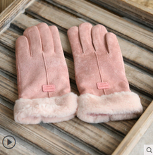 Load image into Gallery viewer, Gloves Female Autumn and Winter Warm Korean Version Plus Velvet Thick five Fingers Retro Suede Touch Screen Gloves Cute Driving