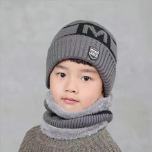 Load image into Gallery viewer, Children's Hats For Autumn And Winter New Boys' Hats And Bibs Set Korean Letters Knitted Hedging Warm Woolen Caps