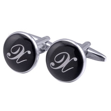 Load image into Gallery viewer, French Cufflinks black round Enamel Traditional letter Cufflinks