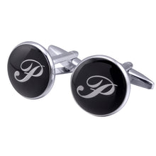 Load image into Gallery viewer, French Cufflinks black round Enamel Traditional letter Cufflinks