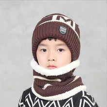Load image into Gallery viewer, Children's Hats For Autumn And Winter New Boys' Hats And Bibs Set Korean Letters Knitted Hedging Warm Woolen Caps