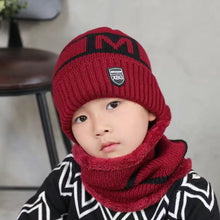 Load image into Gallery viewer, Children's Hats For Autumn And Winter New Boys' Hats And Bibs Set Korean Letters Knitted Hedging Warm Woolen Caps