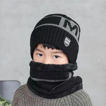 Load image into Gallery viewer, Children's Hats For Autumn And Winter New Boys' Hats And Bibs Set Korean Letters Knitted Hedging Warm Woolen Caps