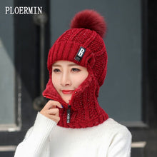 Load image into Gallery viewer, Women Wool Knitted Hat Ski Hat Sets For Female Windproof Winter Outdoor Knit Warm Thick Siamese Scarf Collar Warm Hat Girl Gift