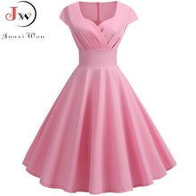 Load image into Gallery viewer, Pink Summer Dress Women V Neck Big Swing Vintage Dress Robe Femme Elegant Retro pin up Party Office Midi Dresses Plus Size