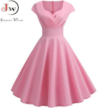 Load image into Gallery viewer, Pink Summer Dress Women V Neck Big Swing Vintage Dress Robe Femme Elegant Retro pin up Party Office Midi Dresses Plus Size