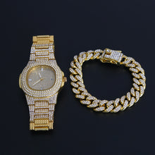 Load image into Gallery viewer, Hip Hop Men Bracelets Bling Iced Out Crystal Miami Chain Gold Silver Color Men Watch + Bracelet Set Luxury Hip Hop 2020 New