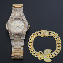 Load image into Gallery viewer, Hip Hop Men Bracelets Bling Iced Out Crystal Miami Chain Gold Silver Color Men Watch + Bracelet Set Luxury Hip Hop 2020 New