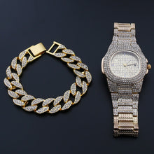 Load image into Gallery viewer, Hip Hop Men Bracelets Bling Iced Out Crystal Miami Chain Gold Silver Color Men Watch + Bracelet Set Luxury Hip Hop 2020 New