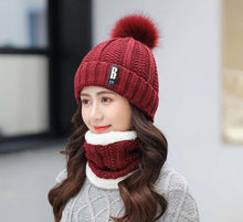 Load image into Gallery viewer, Women Wool Knitted Hat Ski Hat Sets For Female Windproof Winter Outdoor Knit Warm Thick Siamese Scarf Collar Warm Hat Girl Gift