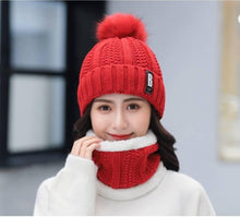 Load image into Gallery viewer, Women Wool Knitted Hat Ski Hat Sets For Female Windproof Winter Outdoor Knit Warm Thick Siamese Scarf Collar Warm Hat Girl Gift