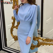Load image into Gallery viewer, InstaHot Elegant Women Dress Stand Collar Slim Waist Solid Blue Ankle Length Autumn Long Sleeve Casual Party Dress 2020 Fashion