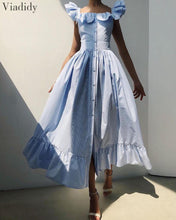 Load image into Gallery viewer, Striped Square Neck Flutter Sleeve Sweet Dress Women Ruffles Maxi Dress