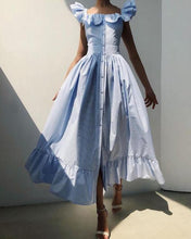 Load image into Gallery viewer, Striped Square Neck Flutter Sleeve Sweet Dress Women Ruffles Maxi Dress