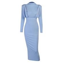 Load image into Gallery viewer, InstaHot Elegant Women Dress Stand Collar Slim Waist Solid Blue Ankle Length Autumn Long Sleeve Casual Party Dress 2020 Fashion