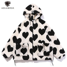 Load image into Gallery viewer, Aolamegs Cute Heart-shaped Print Lambswool Winter Jacket Men Drawstring Pockets Zipper Hooded High Street Warm Couple Streetwear