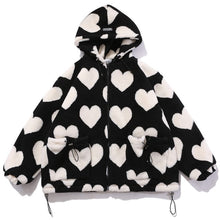 Load image into Gallery viewer, Aolamegs Cute Heart-shaped Print Lambswool Winter Jacket Men Drawstring Pockets Zipper Hooded High Street Warm Couple Streetwear