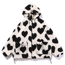 Load image into Gallery viewer, Aolamegs Cute Heart-shaped Print Lambswool Winter Jacket Men Drawstring Pockets Zipper Hooded High Street Warm Couple Streetwear