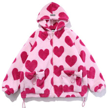 Load image into Gallery viewer, Aolamegs Cute Heart-shaped Print Lambswool Winter Jacket Men Drawstring Pockets Zipper Hooded High Street Warm Couple Streetwear