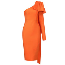 Load image into Gallery viewer, High Quality Blue Orange Runway Bownot One Shoulder Long Sleeve Rayon Bandage Dress Cocktail Party Bodycon Dress Vestidos
