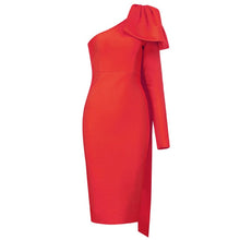 Load image into Gallery viewer, High Quality Blue Orange Runway Bownot One Shoulder Long Sleeve Rayon Bandage Dress Cocktail Party Bodycon Dress Vestidos