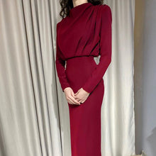 Load image into Gallery viewer, InstaHot Elegant Women Dress Stand Collar Slim Waist Solid Blue Ankle Length Autumn Long Sleeve Casual Party Dress 2020 Fashion