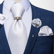 Load image into Gallery viewer, 8cm Men Silk Tie White Solid Necktie Men's Formal Wedding Party Ties Cufflinks Hanky Flower Brooch Set Men Gift Corbatas DiBanGu