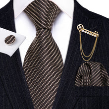 Load image into Gallery viewer, Fashion Designer Gold Striped Men Tie Gold Brooches Silk Tie Handkerchief Set Neck Tie For Men Groom Gift Business Barry.Wang