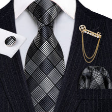 Load image into Gallery viewer, Fashion Designer Gold Striped Men Tie Gold Brooches Silk Tie Handkerchief Set Neck Tie For Men Groom Gift Business Barry.Wang