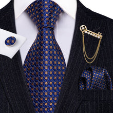 Load image into Gallery viewer, Fashion Designer Gold Striped Men Tie Gold Brooches Silk Tie Handkerchief Set Neck Tie For Men Groom Gift Business Barry.Wang