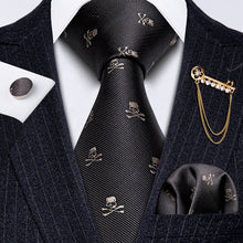 Load image into Gallery viewer, Fashion Designer Gold Striped Men Tie Gold Brooches Silk Tie Handkerchief Set Neck Tie For Men Groom Gift Business Barry.Wang