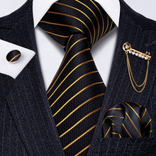Load image into Gallery viewer, Fashion Designer Gold Striped Men Tie Gold Brooches Silk Tie Handkerchief Set Neck Tie For Men Groom Gift Business Barry.Wang