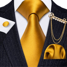 Load image into Gallery viewer, Fashion Designer Gold Striped Men Tie Gold Brooches Silk Tie Handkerchief Set Neck Tie For Men Groom Gift Business Barry.Wang