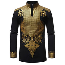 Load image into Gallery viewer, Black African Dashiki Print Shirt Men 2021 Fashion Hip Hop Streetwear Afrian Clothes Men Slim Fit Long Sleeve Shirt Male Chemise