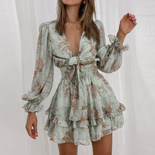 Load image into Gallery viewer, Women Spring V Neck Chiffon Print Dress Self-tie Knot Front Ruffles Leopard Dress Female Sexy Short A Line Party Vestidos 2021
