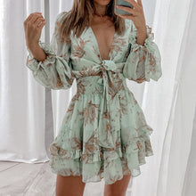 Load image into Gallery viewer, Women Spring V Neck Chiffon Print Dress Self-tie Knot Front Ruffles Leopard Dress Female Sexy Short A Line Party Vestidos 2021