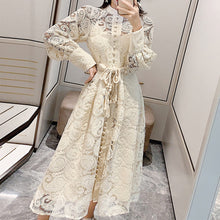 Load image into Gallery viewer, Wavsiyier Midi Dress Luxury Elegant A-Line Party Belt Hollow Out Lace Embroidery Dresses Women 2021 Spring Long Sleeve Vintage