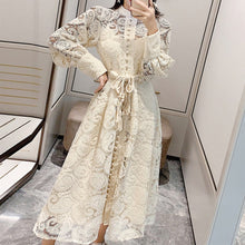 Load image into Gallery viewer, Wavsiyier Midi Dress Luxury Elegant A-Line Party Belt Hollow Out Lace Embroidery Dresses Women 2021 Spring Long Sleeve Vintage