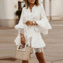 Load image into Gallery viewer, 2021 Elegant Spring Flare Sleeve Lady Shirt Dress Summer Patchwork Lace Belted Party Dress Women Casual V Neck Button Mini Dress